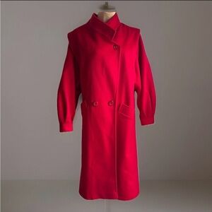 Vintage Red Wool Coat Petite M/L Double Breasted Midi‎ Made In USA 80s 90s